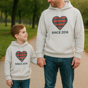 padre e hijo con sudadera colección corazón