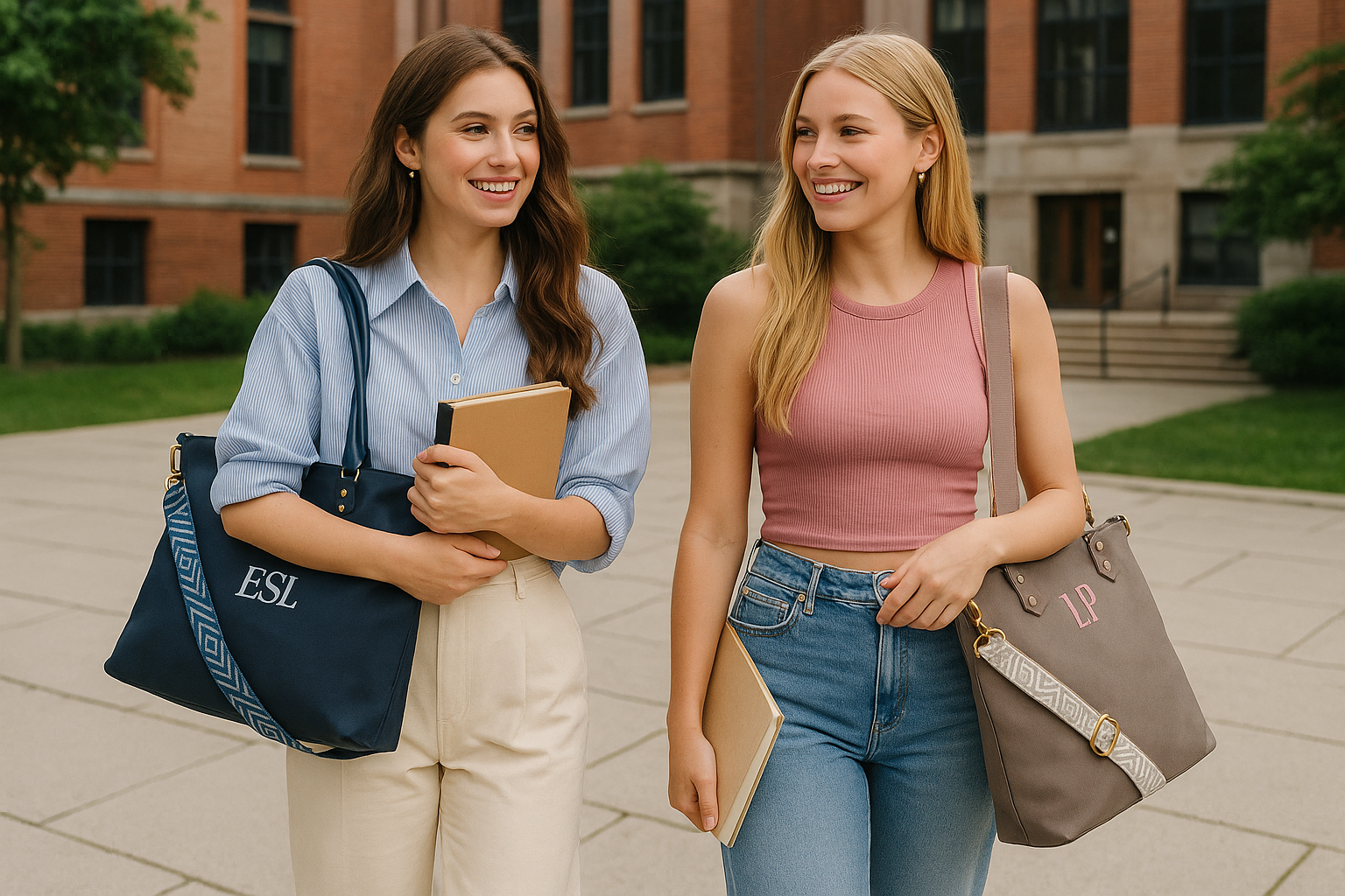 chicas con bolso personalizado en la universidad